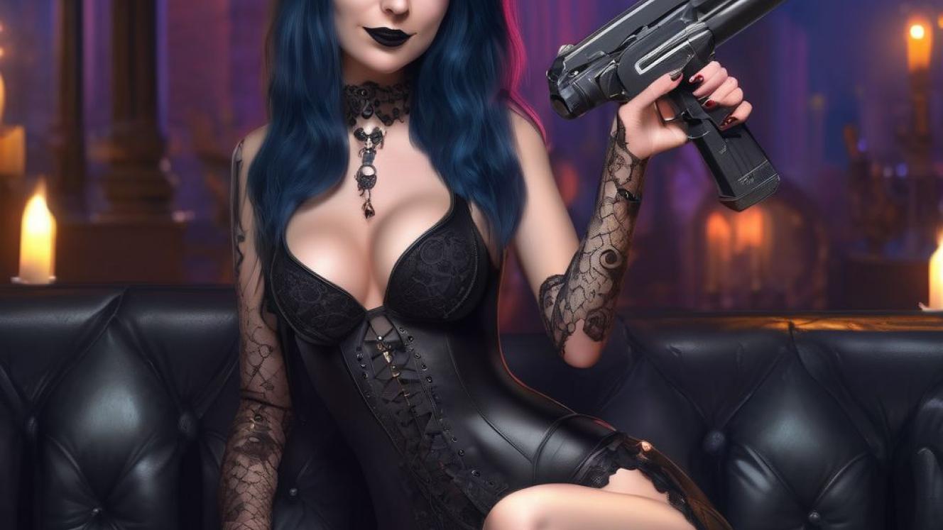A goth woman holding a gun.